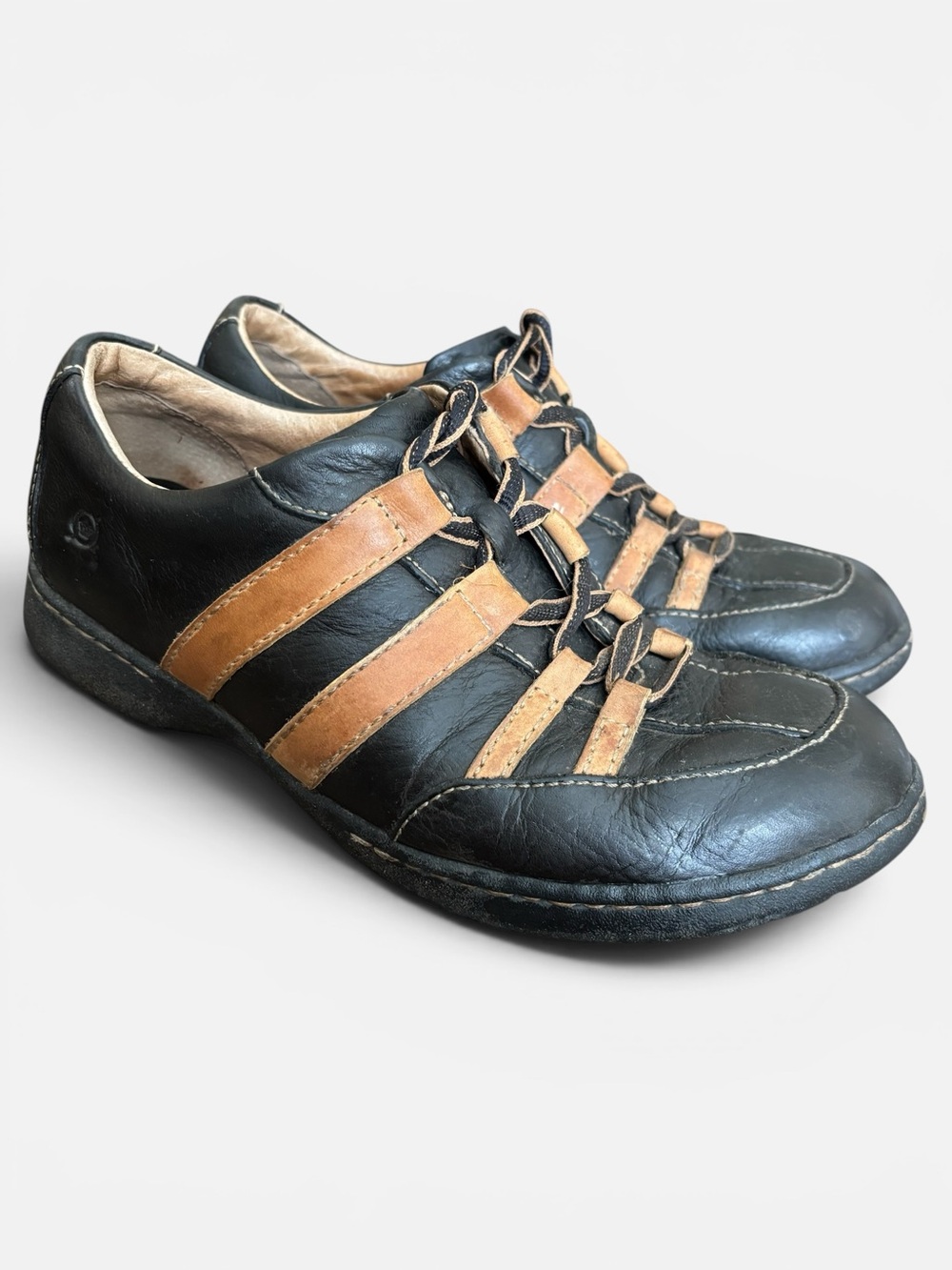 Vintage Born Ashram Leather Comfort Sneakers Black With Tan Stripes Size 8.5